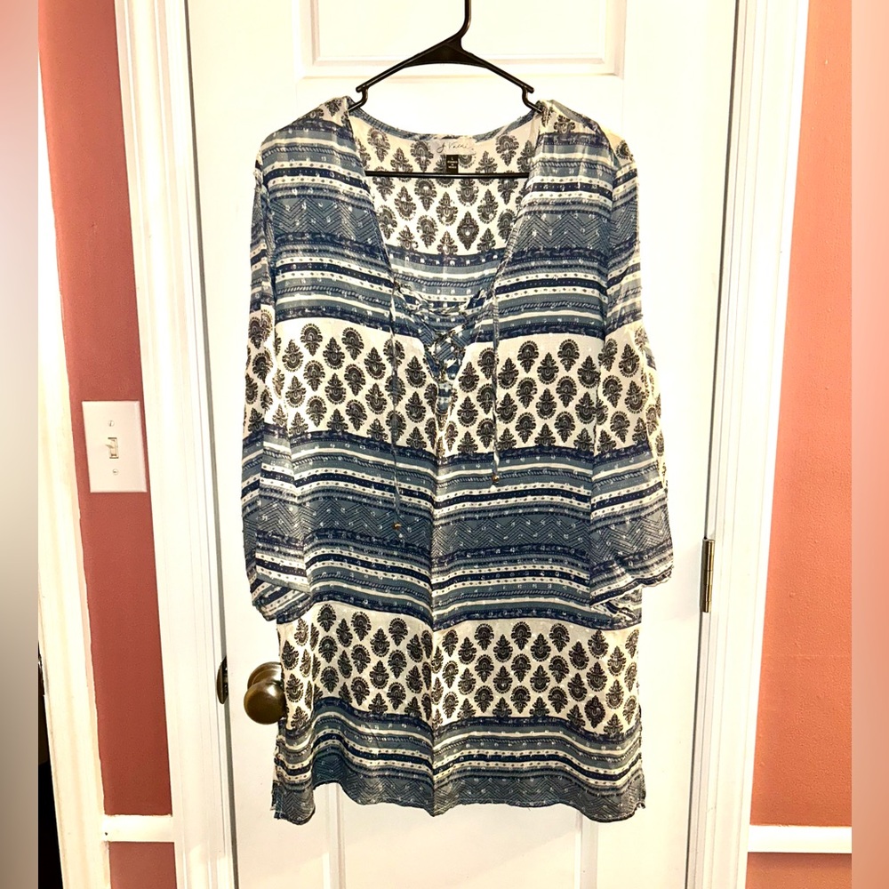 NWOT J Valdi Large Blue White Paisley Striped Tunic Cover-Up Beach Resort Wear
